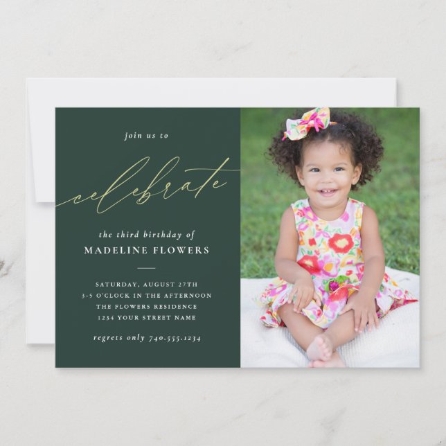 Elegant Kids Birthday Sage Green Photo Invitation (Front)