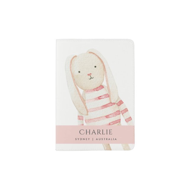 Elegant Kids Cute Blush Pink Girly Plush Bunny Toy Passport Holder (Front)