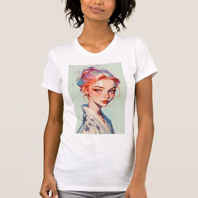 Elegant Kimono Girl Aesthetic Anime Portrait T-Shi T-Shirt (Front)