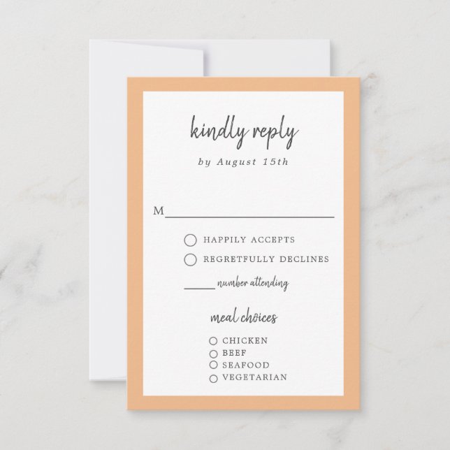 Elegant Kindly Reply Peach Wedding Meal Choice RSVP Card (Front)