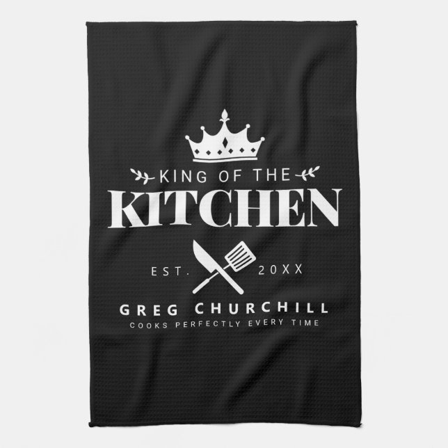 Elegant King of The Kitchen Modern Black with Name Kitchen Towel (Vertical)