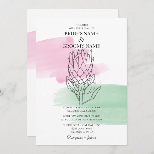 Elegant King Protea Watercolor Wedding Invitations (Front/Back)