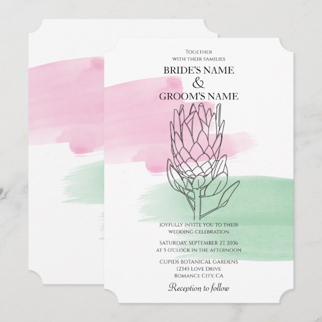 Elegant King Protea Watercolor Wedding Invitations (Front/Back)