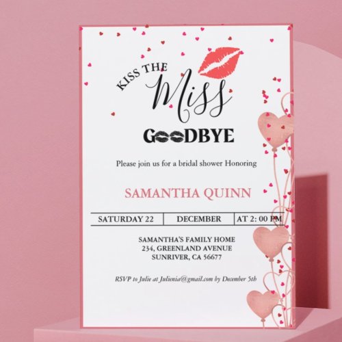 Elegant  Kiss Miss Goodbye Red Lips Bridal Shower Invitation