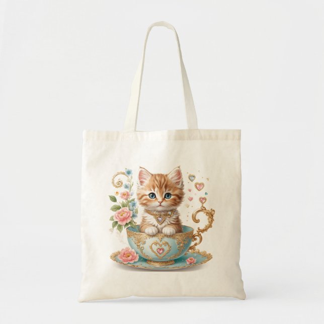 Elegant Kitten in Teacup -  Floral Design - Tote Bag (Front)