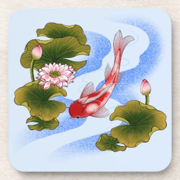 Elegant Koi Carp In Lotus Pond  Beverage Coaster by YANKAdesigns at Zazzle