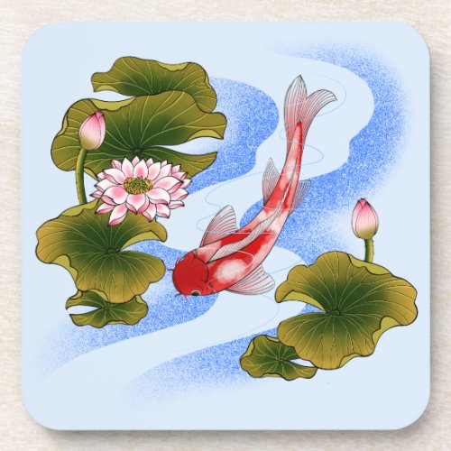 Elegant koi carp in lotus pond  beverage coaster
