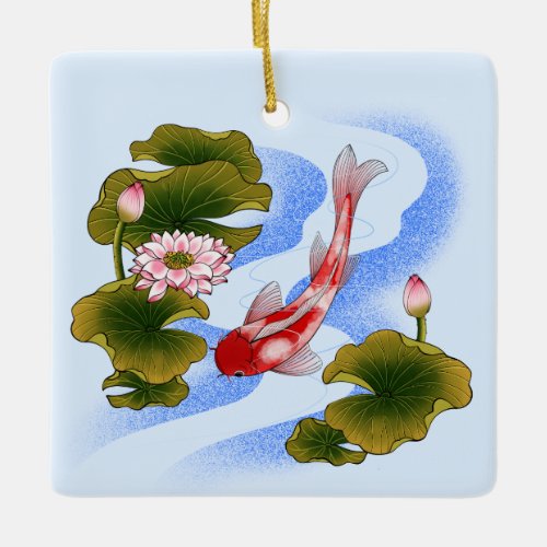 Elegant koi carp in lotus pond  ceramic ornament