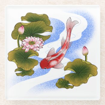 Elegant Koi Carp In Lotus Pond  Glass Coaster by YANKAdesigns at Zazzle