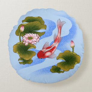 Elegant koi carp in lotus pond round pillow