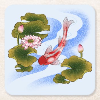 Elegant Koi Carp In Lotus Pond  Square Paper Coaster by YANKAdesigns at Zazzle