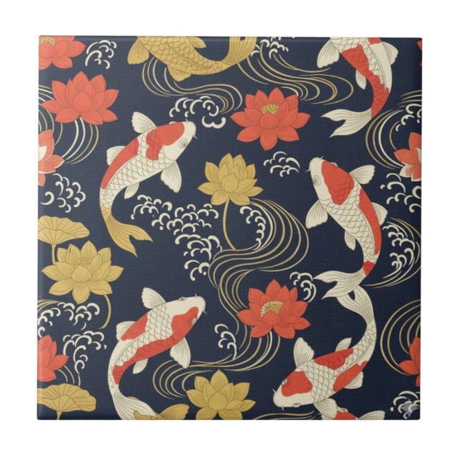 Elegant Koi Fish and Lotus Pattern Ceramic Tile (Front)