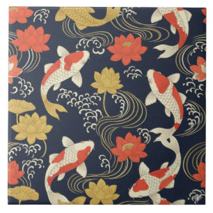 Elegant Koi Fish and Lotus Pattern Ceramic Tile