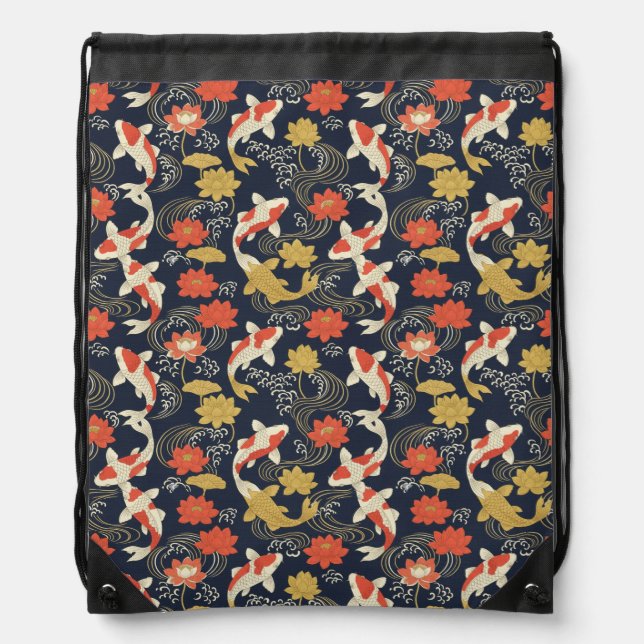 Elegant Koi Fish and Lotus Pattern Drawstring Bag (Front)