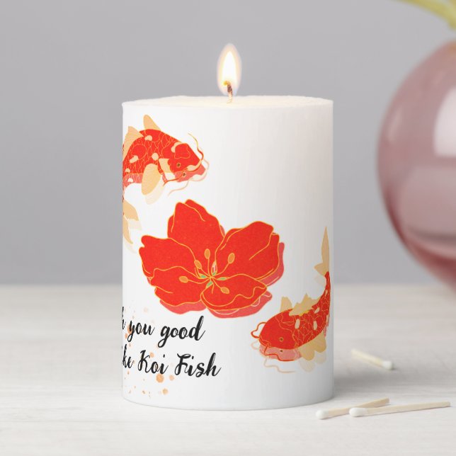 Elegant Koi Fish and Red Blossom Art | Japanese St Pillar Candle (In Situ)