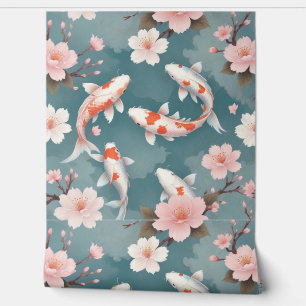 Elegant koi fish swim among cherry blossoms on tea wallpaper