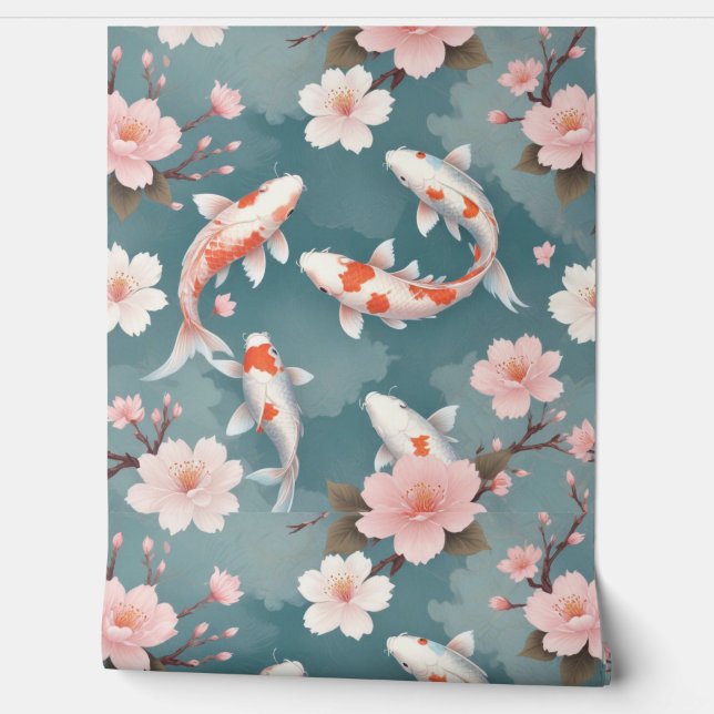 Elegant koi fish swim among cherry blossoms on tea wallpaper  (Unrolling)