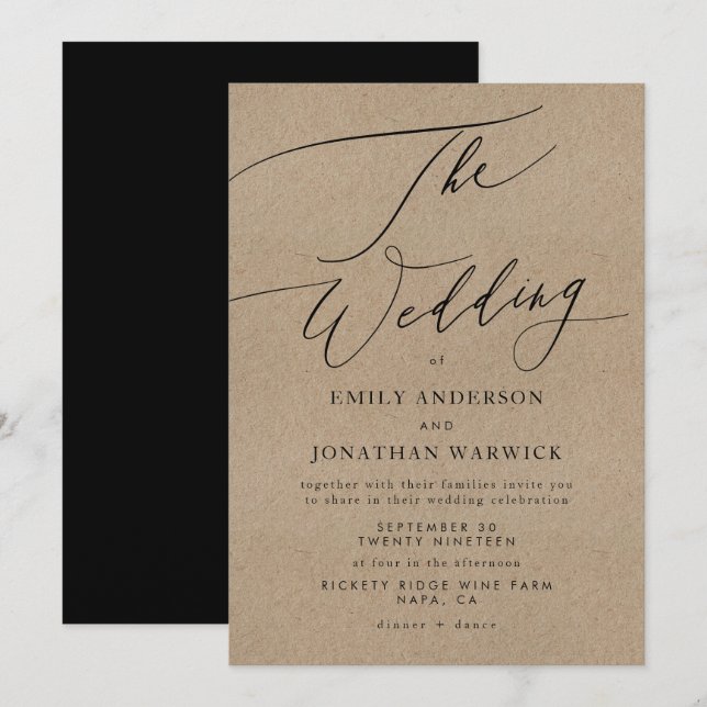 Elegant Kraft Calligraphy Modern Black Wedding Invitation (Front/Back)