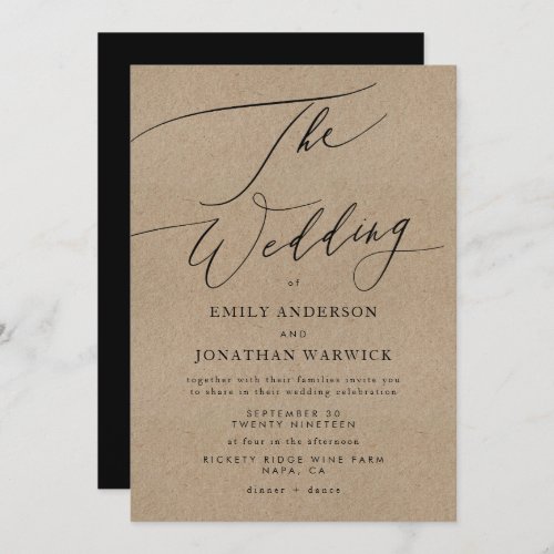 Elegant Kraft Calligraphy Modern Black Wedding Invitation