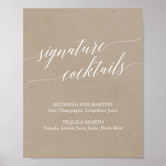 Elegant Kraft Calligraphy Signature Cocktails Sign (Front)