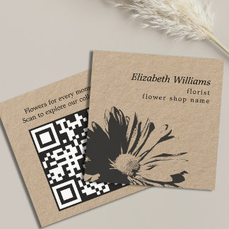 Elegant Kraft Dark Floral Pattern Florist QR code Square Business Card