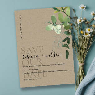 ELEGANT KRAFT GREEN EUCALYPTUS FOLIAGE WATERCOLOR SAVE THE DATE