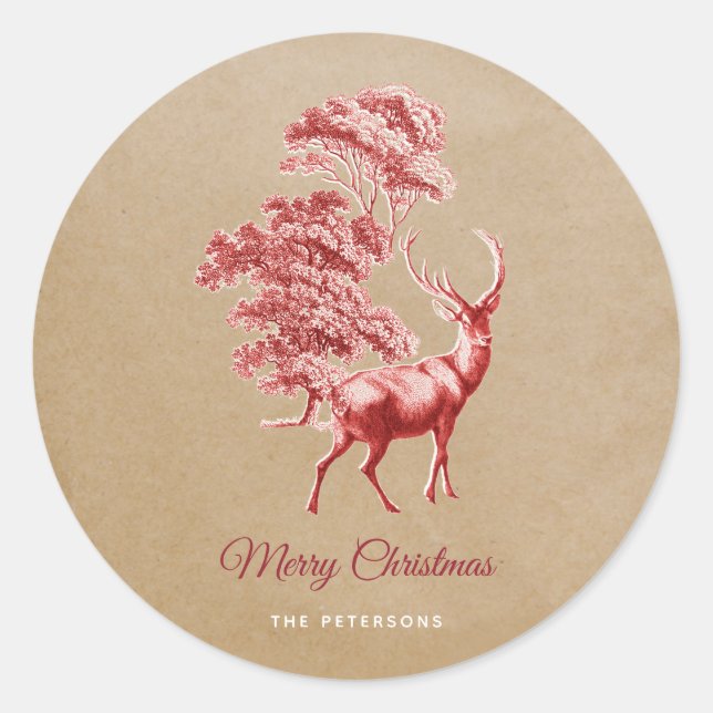 Elegant Kraft Paper Red Deer in Forest Classic Round Sticker (Front)