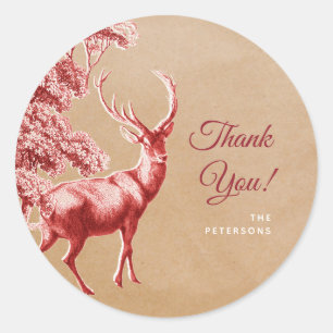 Elegant Kraft Paper Red Deer Thank You Family Name Classic Round Sticker