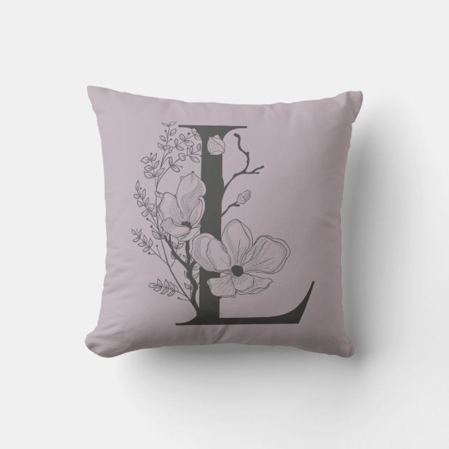 Elegant L Boho Floral Monogram Initial Lilac Gray Throw Pillow (Front)