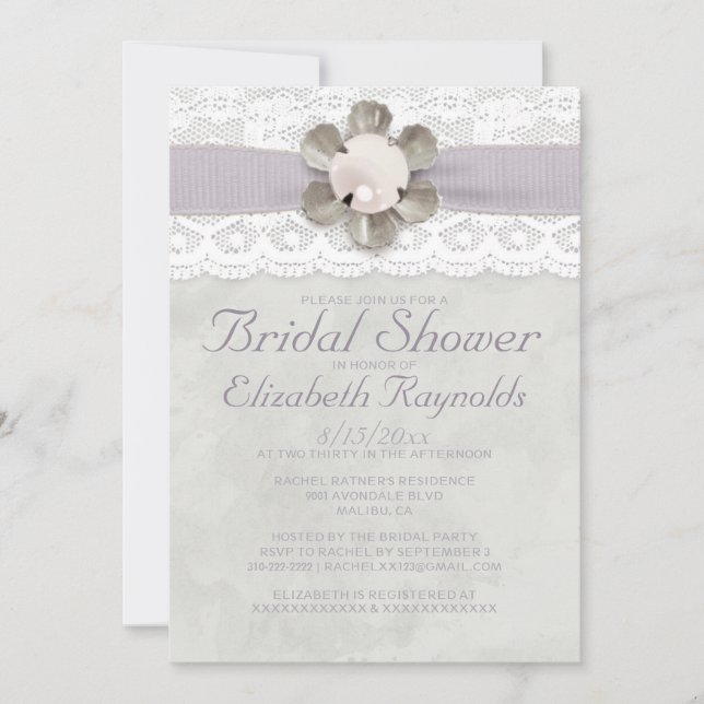Elegant Lace and Pearls Bridal Shower Invitations (Front)