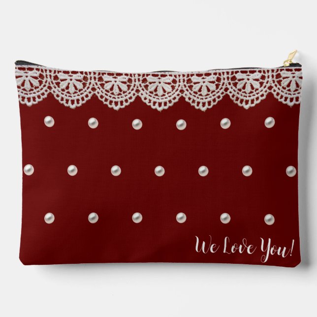 Elegant Lace and Pearls Customized Message Accessory Pouch (Back)