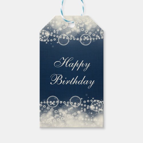 Elegant Lace and Pearls on Blue Happy Birthday Gift Tags