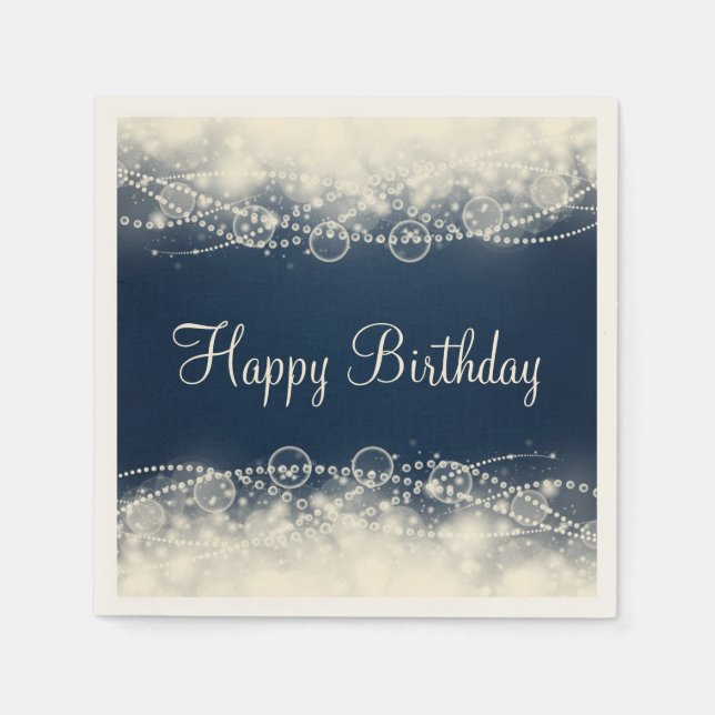 Elegant Lace and Pearls on Blue Happy Birthday Paper Napkins (Front)