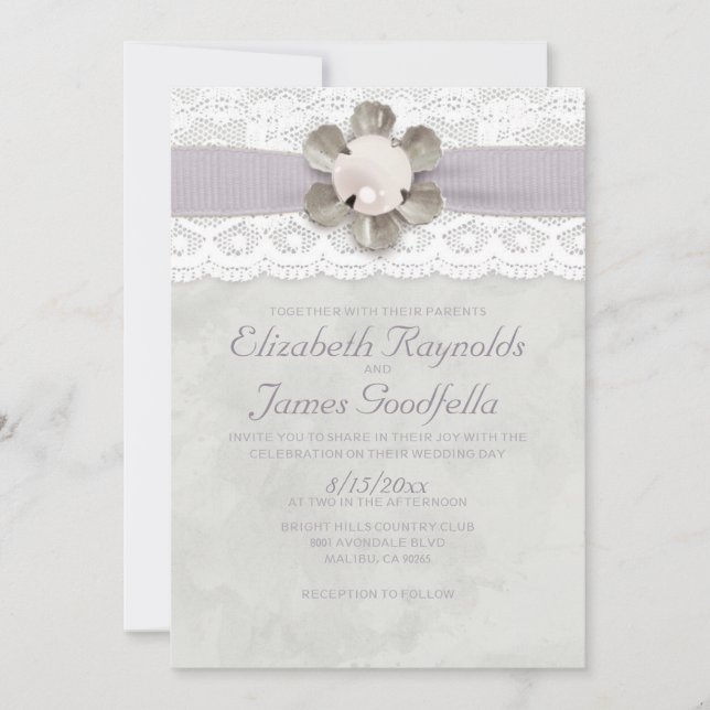 Elegant Lace and Pearls Wedding Invitations (Front)