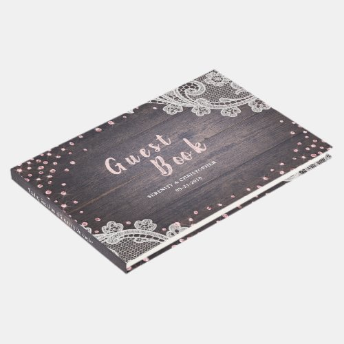Elegant Lace and wood blush glitter rustic wedding Guest Book