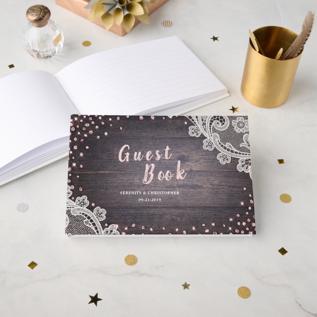 Elegant Lace and wood blush glitter rustic wedding Guest Book (Front Open)