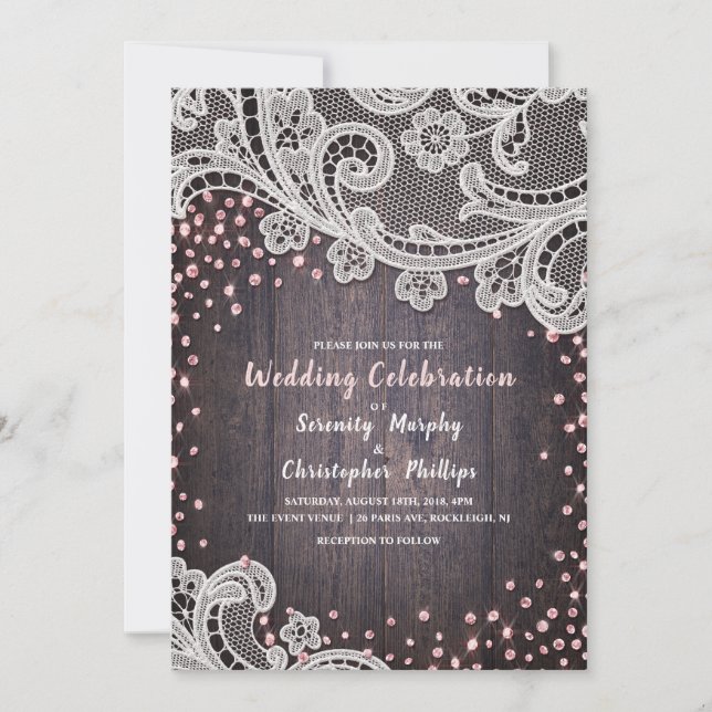 Elegant Lace and wood blush glitter rustic wedding Invitation (Front)