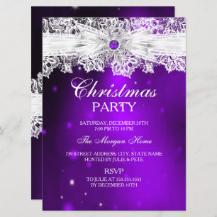 Elegant Lace Bow Purple Christmas Holiday Party Invitation