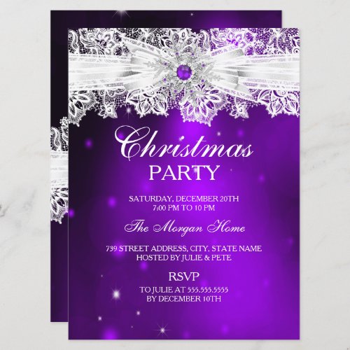 Elegant Lace Bow Purple Christmas Holiday Party Invitation