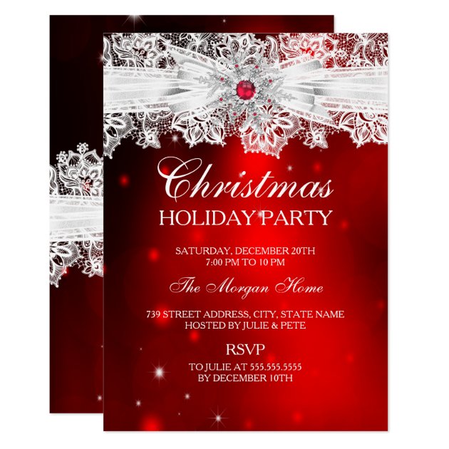 Elegant Lace Bow Red Christmas Holiday Party Invitation
