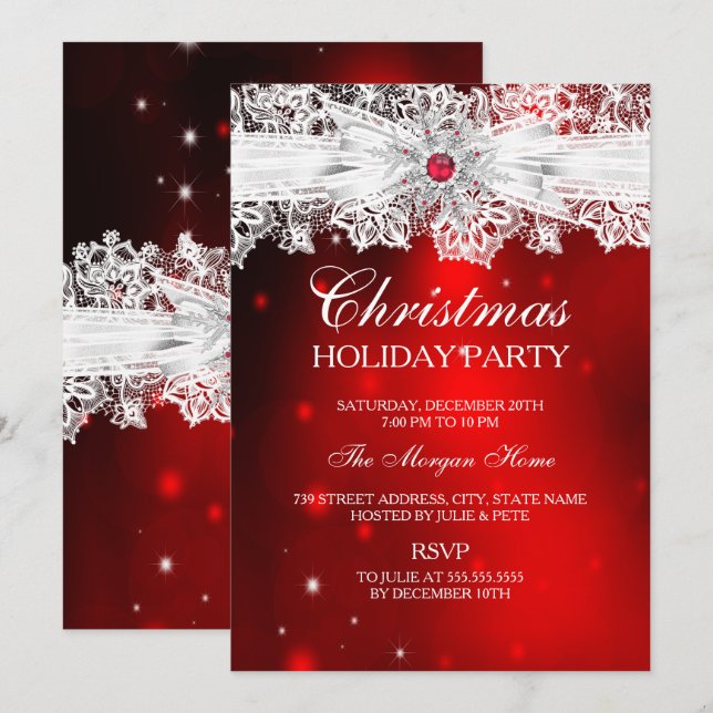Elegant Lace Bow Red Christmas Holiday Party Invitation (Front/Back)
