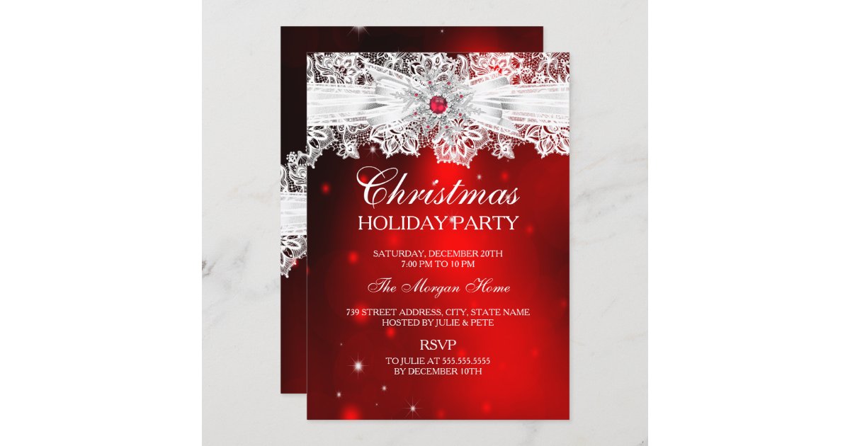 Elegant Lace Bow Red Christmas Holiday Party Invitation | Zazzle