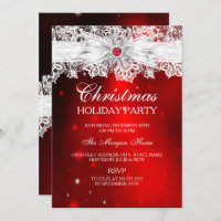 Elegant Lace Bow Red Christmas Holiday Party Invitation