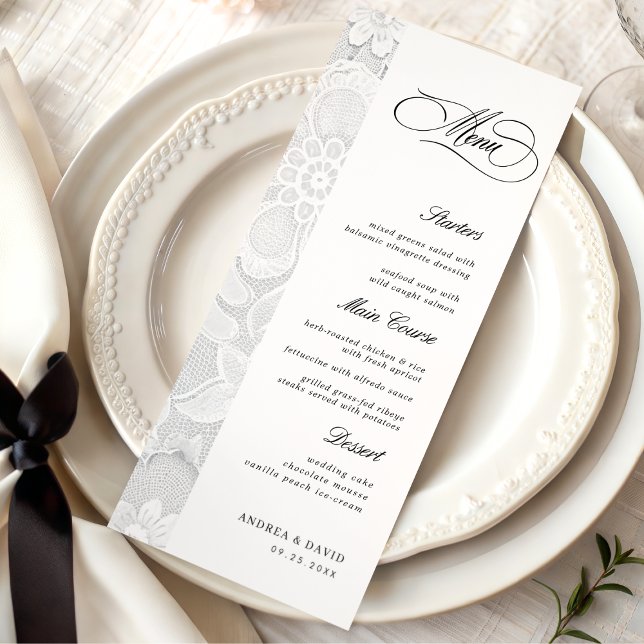Elegant Lace Classic Vintage Black & White Wedding Menu (Creator Uploaded)