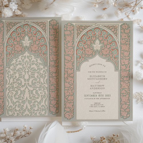 Elegant Lace Floral Wedding Soft Peach Mint Invitation