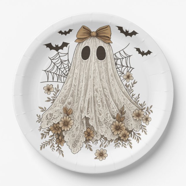 Elegant Lace Ghost with Bow | Floral Ghost  Paper Plates (Front)