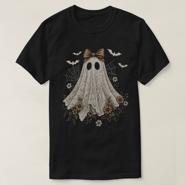 Elegant Lace Ghost with Bow | Floral Ghost  T-Shirt (Design Front)