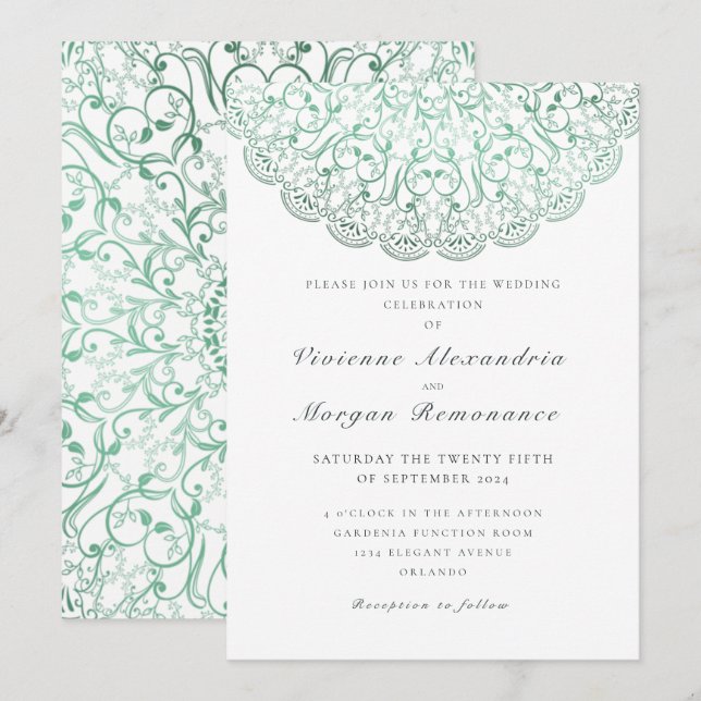 Elegant lace green mandala wedding invitation (Front/Back)