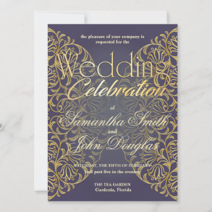 Elegant Lace Indigo & Gold Modern Minimalist Invitation