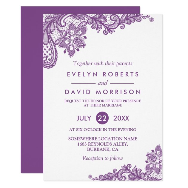 Elegant Lace Lavender Purple White Formal Wedding Invitation